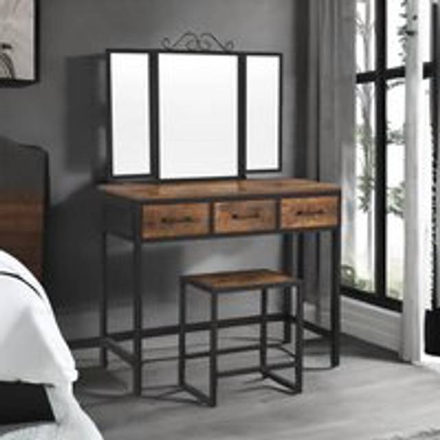 Industrial Rustic Brown Dressing Table With Mirror And Stool - One Size