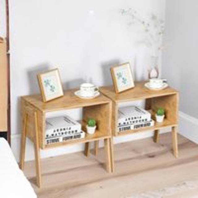 Set Of 2 Bamboo Stackable Bedside Tables - Brown - One Size