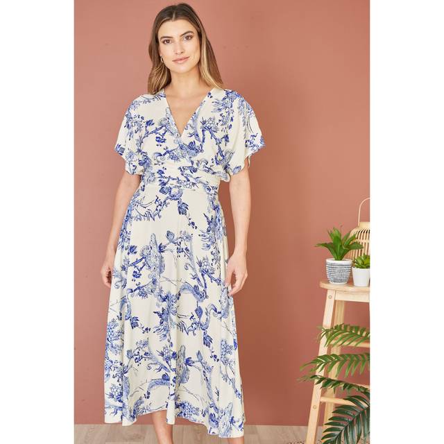 Yumi Blue And White Print Ruched Waist Kimono Midi Dress - Size 8 UK - Yumi