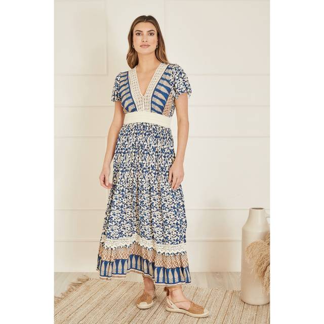 Yumi Womens Navy Viscose Leaf Print Maxi Dress With Lace Trim - Blue - Size 16 UK
