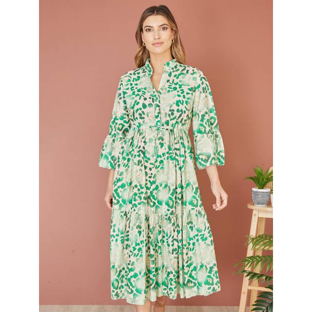Yumi Womens Premium Green Animal Print Broderie Anglaise Cotton Midi Shirt Dress - Size 10 UK