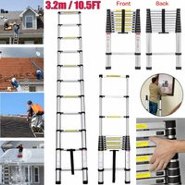 Telescopic 3.2m Aluminium Ladder Garage 11 Steps Roof Loft Attic Office Workshop