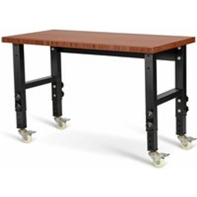 Costway - 10 Level Height Adjustable Workbench, 120 x 60 x 75-100 cm Rolling Garage Work Bench w/ 4 Lockable Casters and Bamboo Top, Heavy Duty Steel