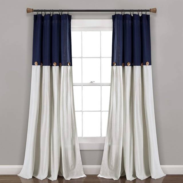 Lush Decor Linen Button Window Curtain Panel - Single Panel - Modern Farmhouse Curtain - Pleated Color Block Design With Coconut Husk Button Detail -