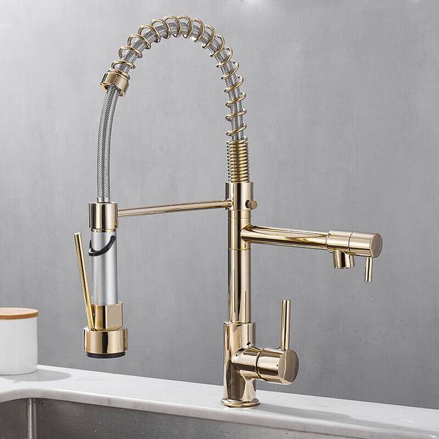 (Gold) Contemporary Pull Out Mixer Taps for Kitchen Sink, Single Handle Comercial Spring Neck Tap with Single Handle Temperature Control