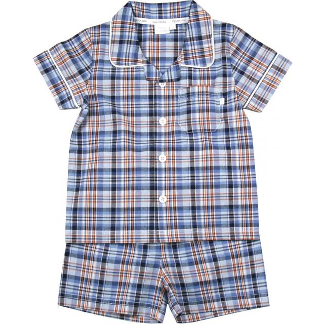 Mini Vanilla Boys' Shortie Cotton Traditional Check Pyjamas - Blue/Navy - Size 3-4Y