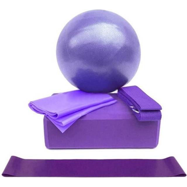 (Blue) 5Pc Yoga Pilates Set Home Fitness Workout Gym Ball Block Strap Resistance Band