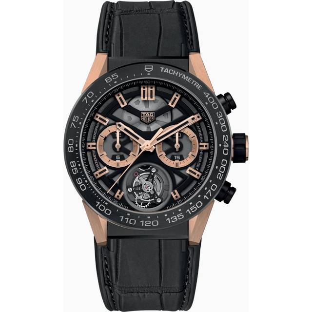 TAG Heuer Carrera Chronograph Tourbillon Calibre HEUER02T COSC 45 mm Watch - Black Rubber & Leather Band - Titanium PVD Case