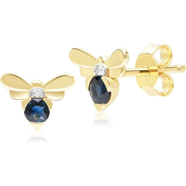 Honeycomb Inspired Blue Sapphire and Diamond Bee Stud Earrings in 9ct Yellow Gold