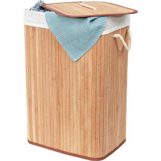 Bamboo Laundry Basket with Lid, Foldable Washing Hamper for Storing Clothes and Linen in Bedrooms and Bathrooms, Removable Liner and Rope Handles,