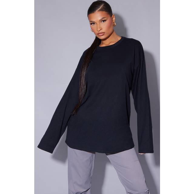 Cotton Black Oversized Long Sleeve T-Shirt, Black - XS