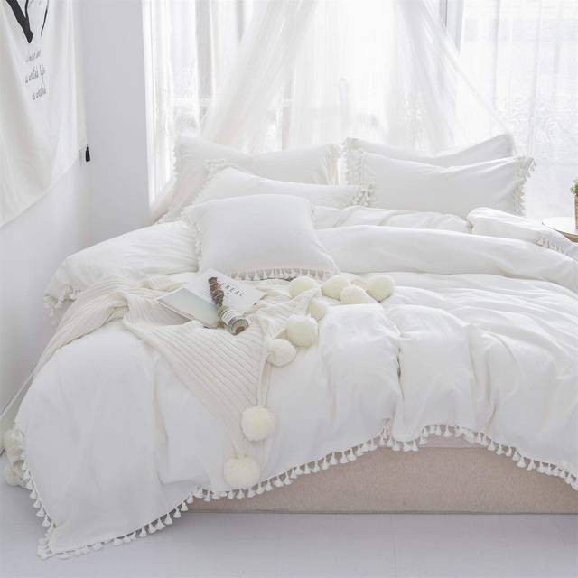 Vintage Boho Bedding Tassel Duvet Cover Fringed Full 3Pcs 100% Washed Cotton Vintage and Elegant Ruffle Duvet Covers White with Zipper Close & Corner