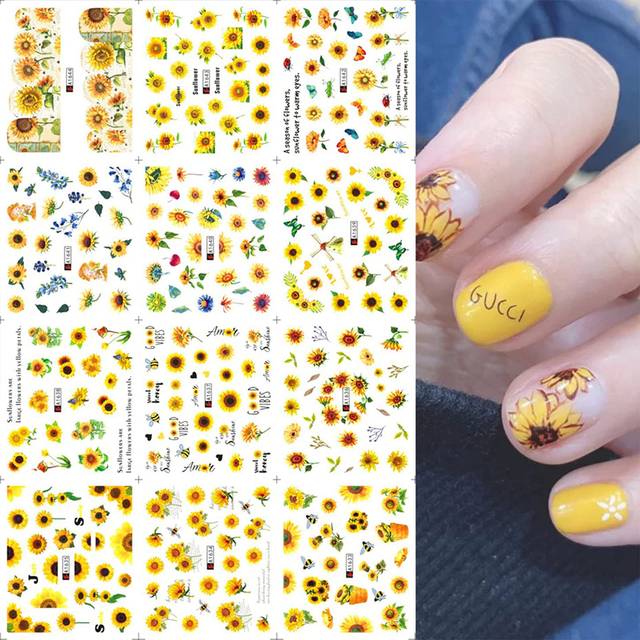 Nail Art Stickers, 12 Sheets Blossom Flower Water Transfer Nail Decals Nail Stickers with Assorted Patterns Sunflower Design DIY Nail Art Decoration
