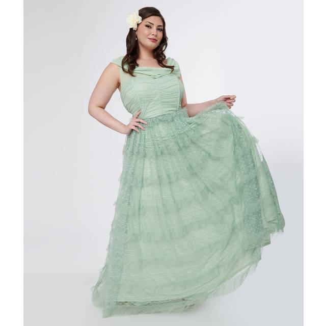 Unique Vintage Plus Size 1950S Mint Green Clip Dot Off The Shoulder Cocktail Dress - 3X/20