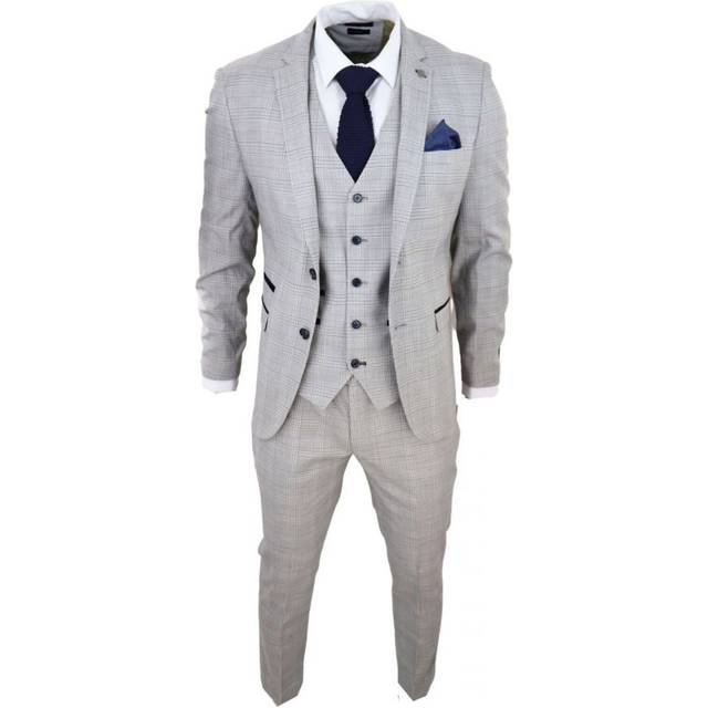 Paul Andrew Mens Grey 3 Piece Tan Brown Check Tailored Fit Suit Velvet - Size 52 (Chest)