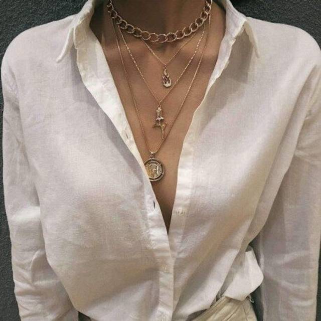 Youvanic Boho Butterfly Cross Pendant Necklace Punk Lion Coin Flower Layered Chunky Gold Chain Choker Collar Women Jewelry 2704 - Multicoloured