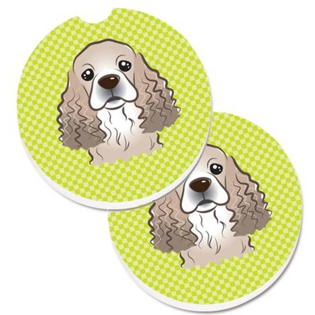 """""Caroline's Treasures Checkerboard Lime green Cocker Spaniel Set of 2 Cup Holder Car Coasters BB1278CARC  2.56  Multicolor"""""