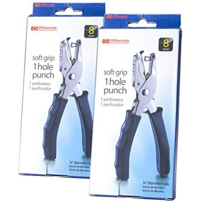 Officemate 1 Hole Punch with Soft Grip  8 Sheet Capacity  Black  2 Each Per Pack Paper Punches 90076
