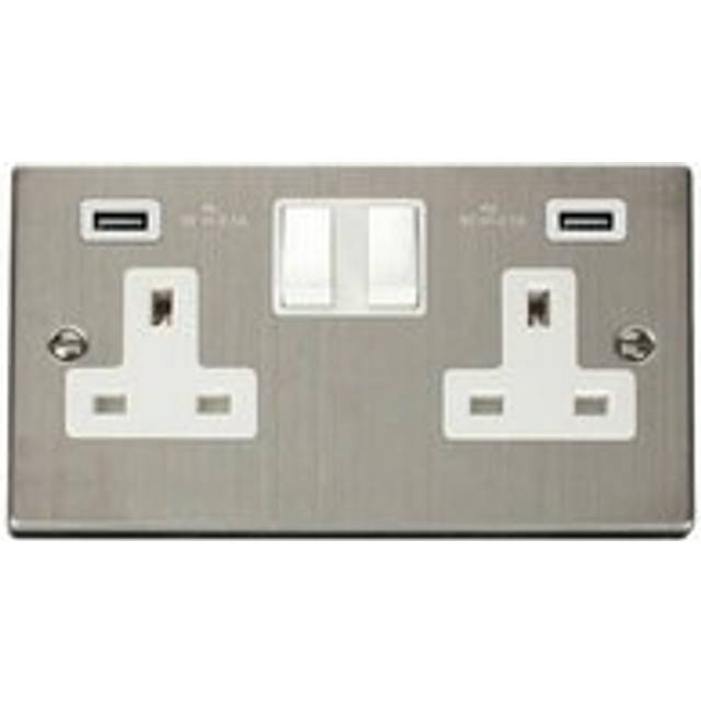 Se Home - Stainless Steel 2 Gang 13A 2 usb Twin Double Switched Plug Socket - White Trim