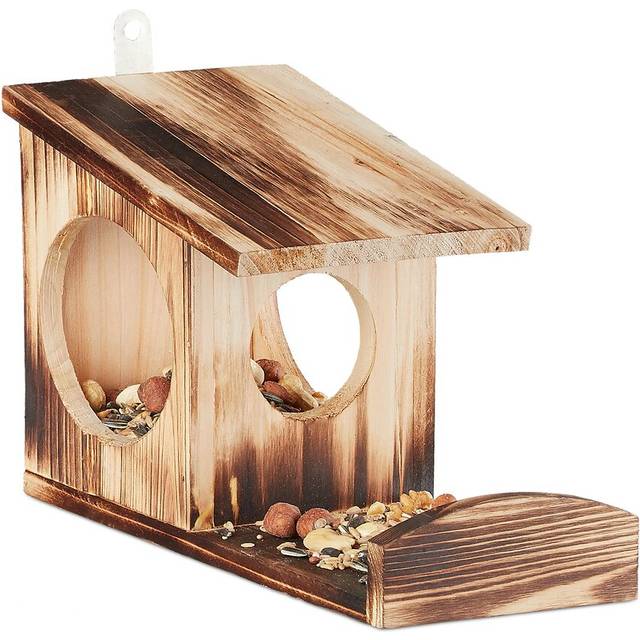 Squirrel Feeder House, Feeding Station Box, Hanging, Wooden, hwd: 17.5 x 14 x 25 cm, Flamed - Relaxdays