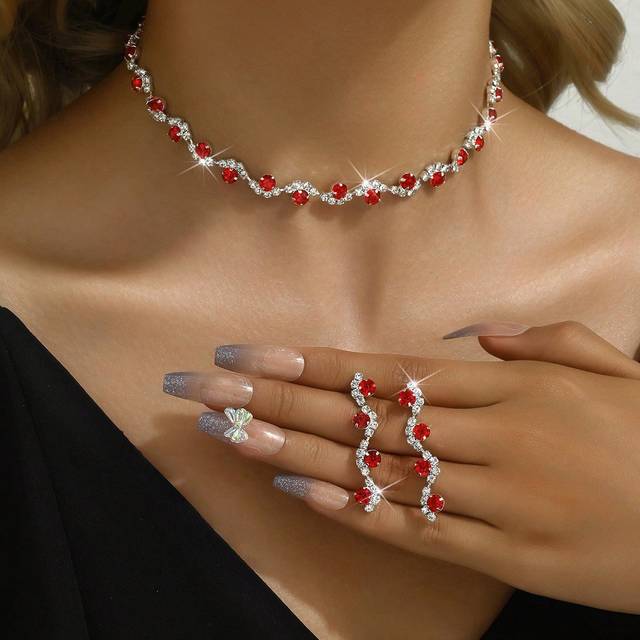 SHEIN 3pcs/Set European And American Style Bridal Jewelry Set With Sparkling Rhinestone Necklace And Earrings, Fashion Wedding Accessories