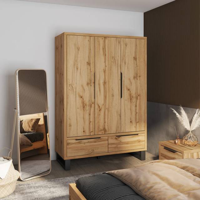 Alexandria 3 Door Manufactured Wood Wardrobe - Oak Wotan & Black;Oak (210cm H X 145cm W X 60cm D)