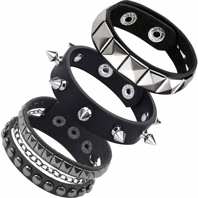 Xiacheng 3 Pcs Punk Rock Studded Bracelet Set Spiked Leather Cuff Bracelet For Men Women 80s Wristband Emo Bracelet Adjustable