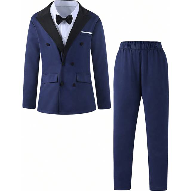 SHEIN 2pcs Tween Boy Gentleman Suit Set: Blazer And Solid Color Pants With Bow Tie, Suitable For Birthday Party, Evening Event, Wedding, Baptism, 1st Birthd