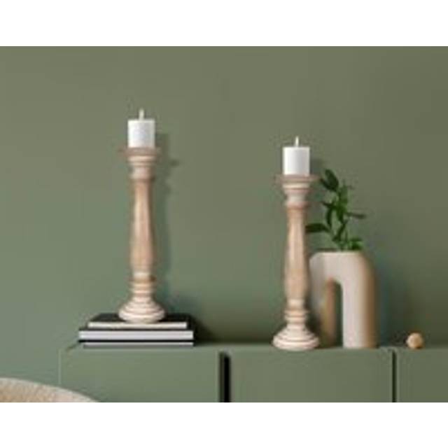 Set of 2 Rustic Antique Carved Wooden Pillar Church Candle Holder [[Beige,Large 31cm]
