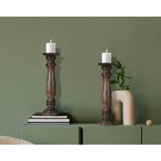 Set of 2 Rustic Antique Carved Wooden Pillar Church Candle Holder [[Light Brown,Large 31cm]