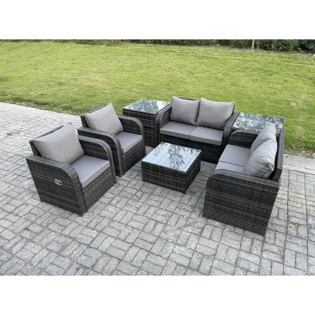 Fimous 6 Seater Rattan Sofa Set Outdoor Garden Furniture Set with Loveseat Sofa Reclining Chairs 2 Side Tables Dark Grey Mixed