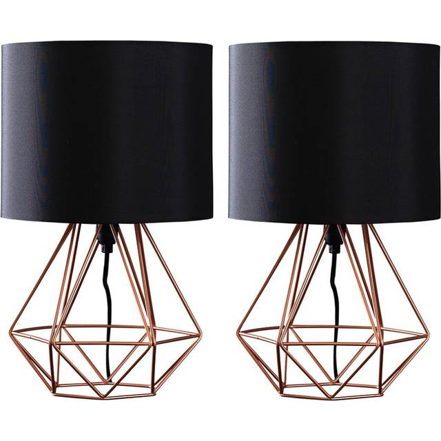 Minisun - Angus Pair of Copper Metal Bed Side Table Lamps with Black Fabric Shades and led Golfball Bulbs In Warm White