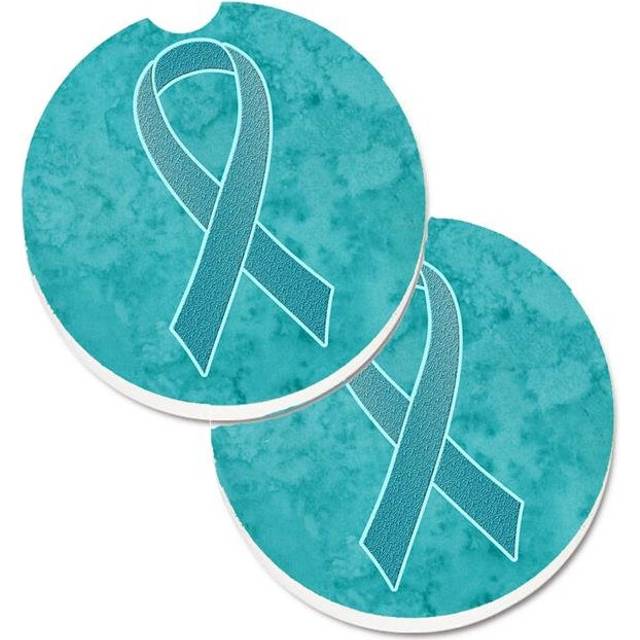 Teal Ribbon for Ovarian Cancer Awareness Set of 2 Cup Holder Car Coaster
