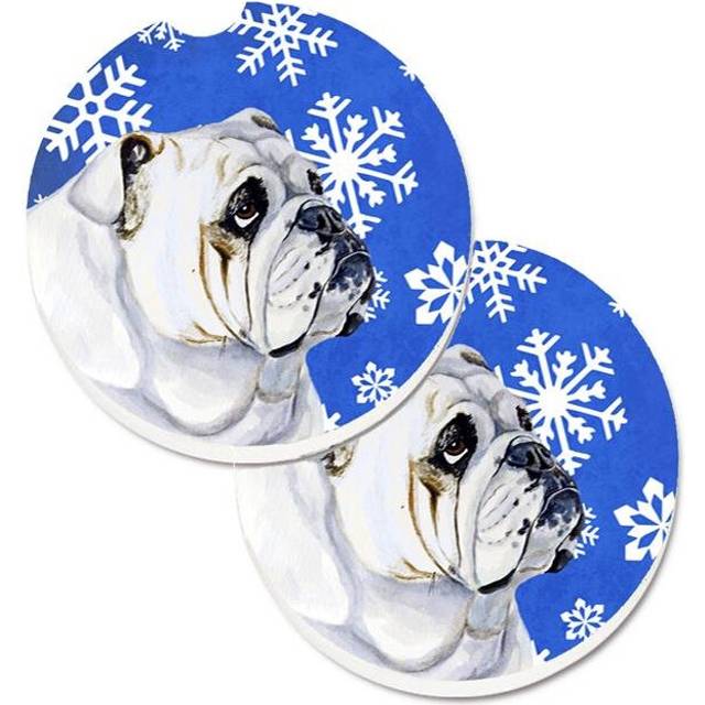 Bulldog English Winter Snowflakes Holiday Set of 2 Cup Holder Car Coaster