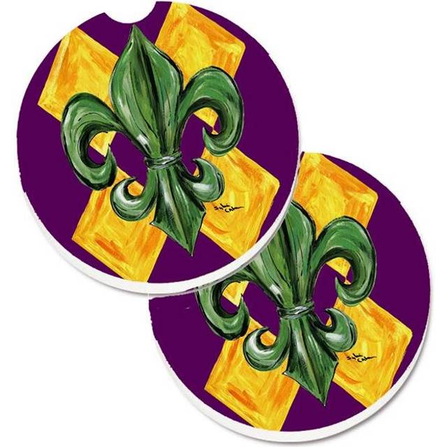 Mardi Gras Fleur De Lis Purple Green & Gold Set of 2 Cup Holder Car Coaster