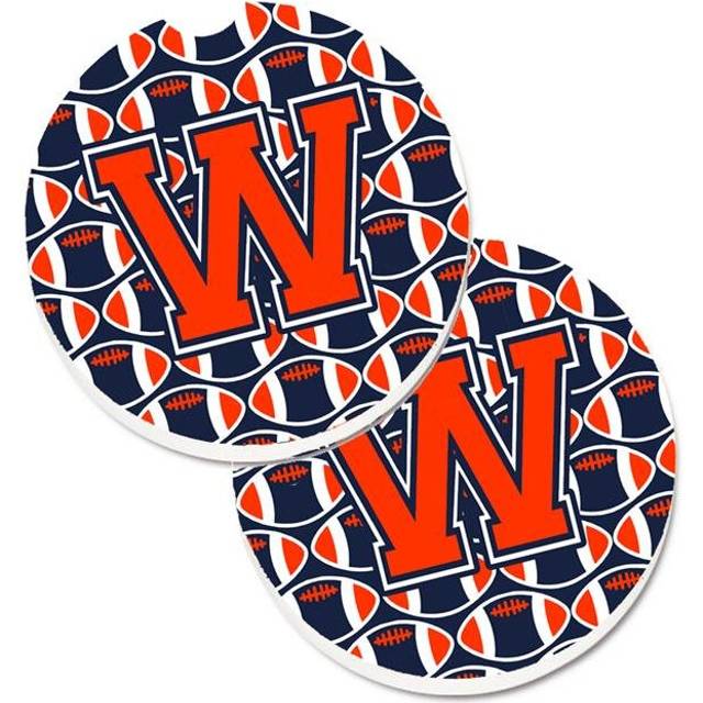 Letter W Football Orange with Blue & White Set of 2 Cup Holder Car Coaster