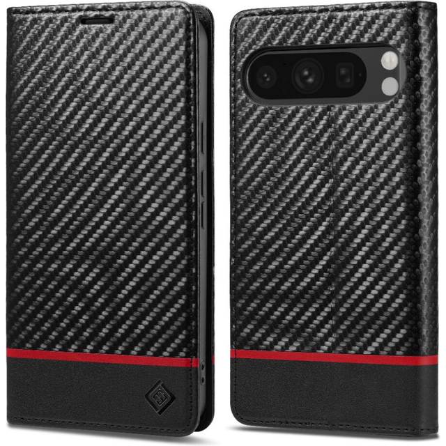 (Black) Case For Google Pixel 9 Pro Card Insertion With Card Holder Kickstand Leather Folio Flip Case Full Protection Magnetic Carbon Fiber