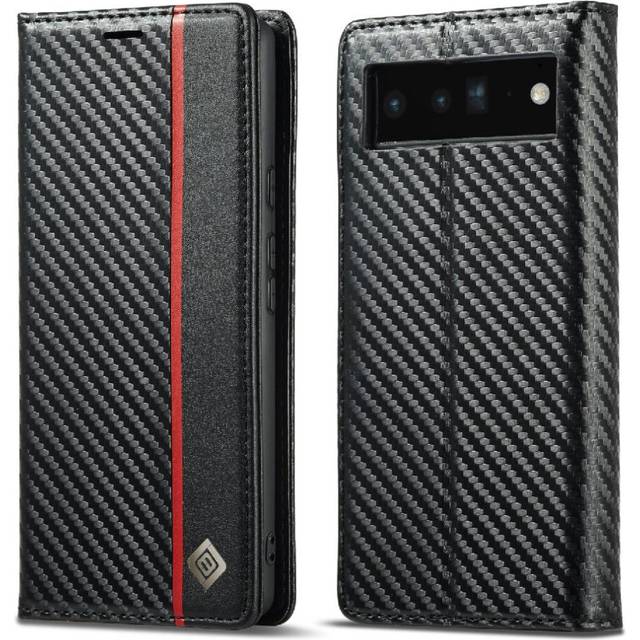 (Black) Case For Google Pixel 6 Leather Folio Flip Case Full Protection With Card Holder Kickstand Magnetic Carbon Fiber Card Insertion