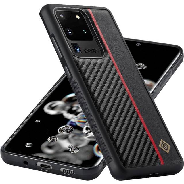 (Black) Case For Samsung Galaxy S20 Plus Microfibre Lining Inside Carbon Fibre PU Spliced With Fine Grain PU With Red Vertical Stripes Aluminium Metal
