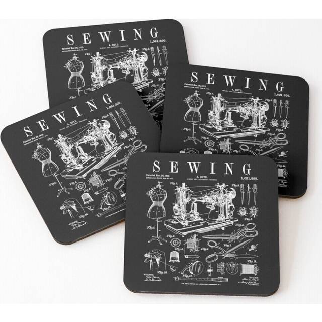 Leather Coasters Sewing Machine Quilting Quilter Crafter Vintage Patent Print Set of 4 / 4 x 4 inch