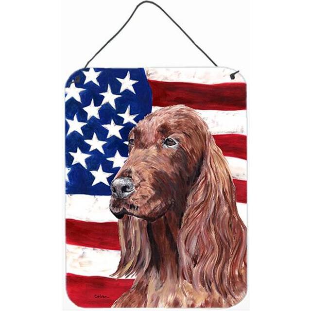 8 x 12 In. Irish Setter USA American Flag Aluminium Metal Wall or Door Hanging Prints
