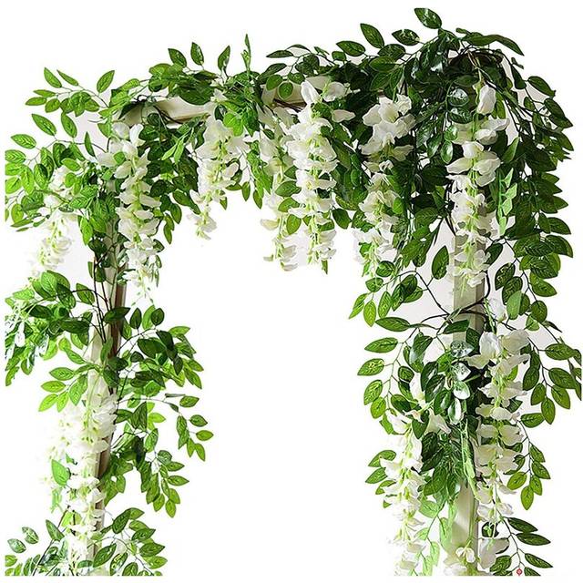 (White) 2M Artificial Flower Garland 6.6ft Wisteria Plant Vine Hanging Floral Home