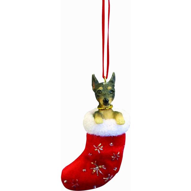 "Miniature Pinscher Christmas Stocking Ornament with ""Santa's Little Pals"" Hand Painted and Stitched Detail"
