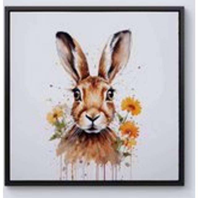 Watercolour Hare and Daisies Framed Canvas - Black - W30 inch x H30 inch