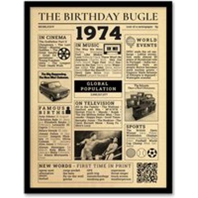 Wall Art Print 50th Birthday Age Anniversary Newspaper Aesthetic Born in 1974 Framed Art - Black - W12 inch x H16 inch
