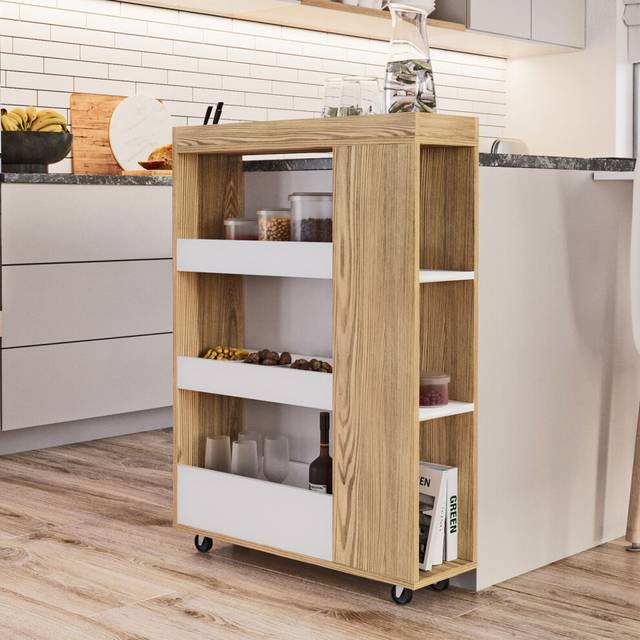 4 Tier Slim Wooden Rolling Portable Kitchen Trolley Cart Veg Storage White & Oak