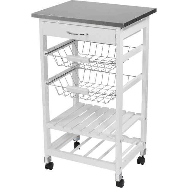 White Wood & Metal Rolling Kitchen Serving Trolley Storage Vegetable