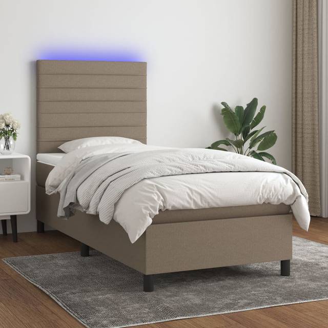 Ramsäng med madrass & LED taupe 90x190 cm tyg