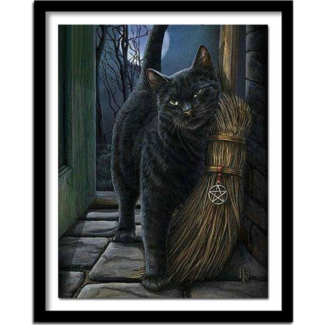 The Black Cats Broom Diamond Crafts Round Diamond Painting Cross Stitch Wall Painting Home Decor 20X30CM