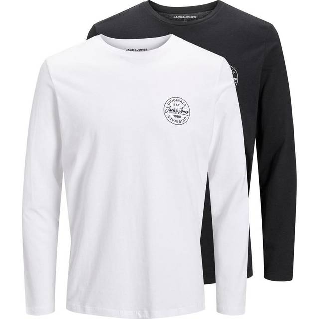 Jack & Jones Mens Logo Casual T-shirt Long Sleeve - Black/White Cotton - Size Large